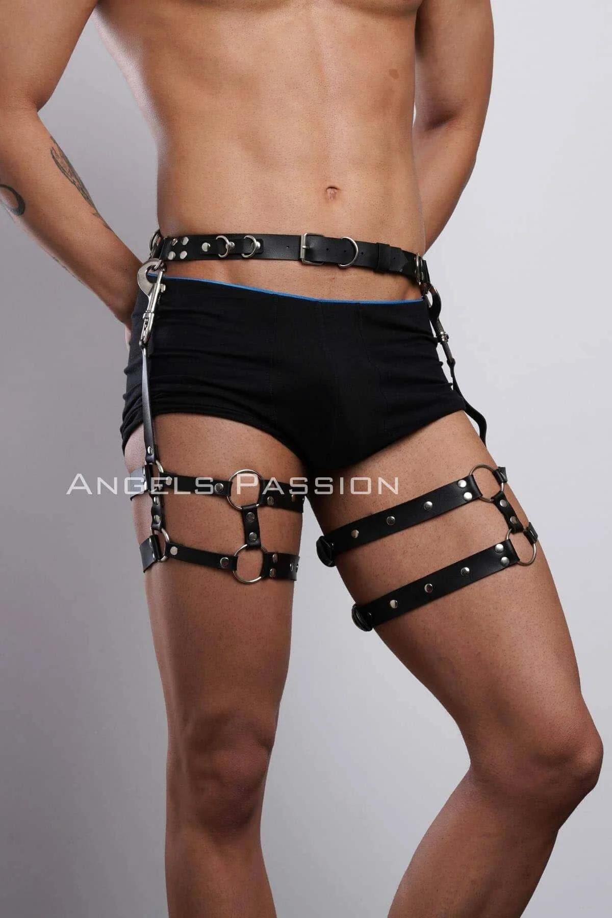 Close-up of silver O-ring junctions on black PU leather thigh strap harness