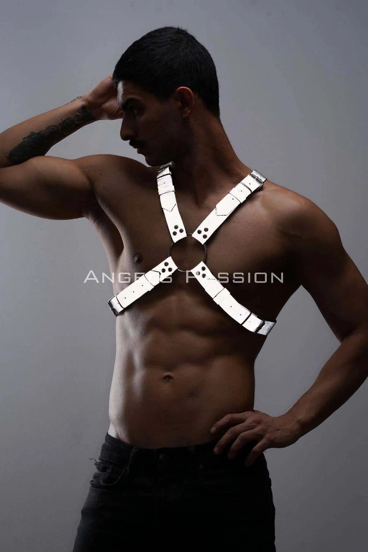 Mens white reflective harness worn over bare chest showing strap width and fit