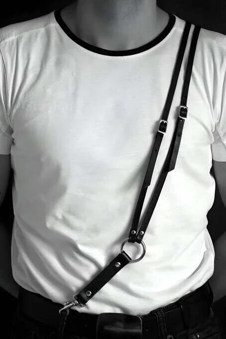 slim black PU leather diagonal strap harness with silver slider buckles front view