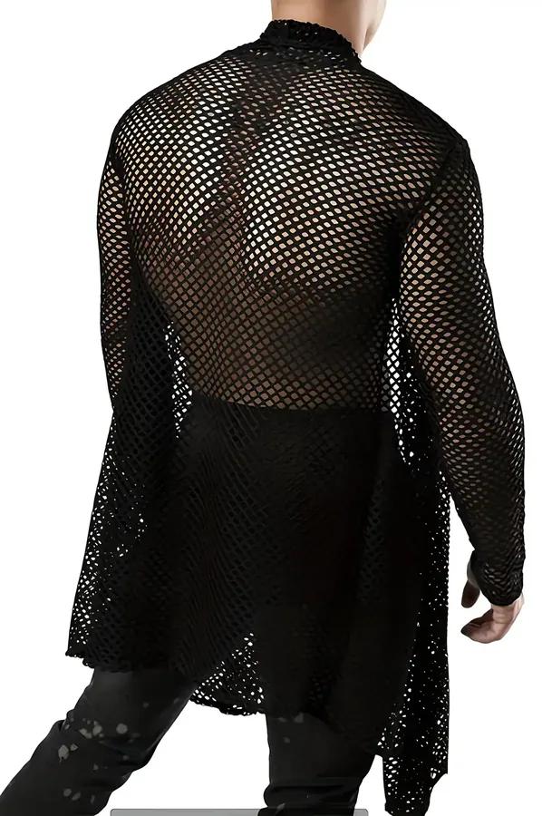 siyah file uzun kimono gömlek erkek clubwear açık ön kesim büyük kare file doku
