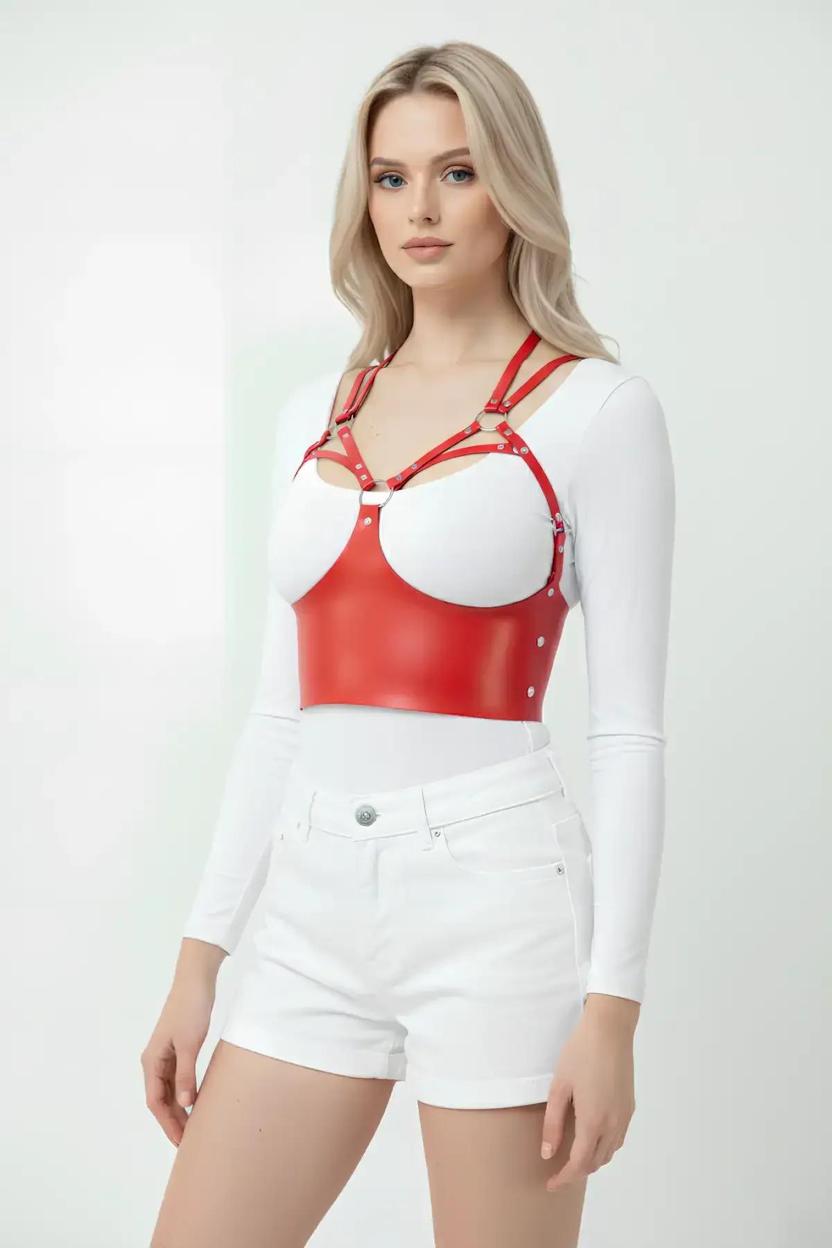 Göğüs Detaylı Deri Kırmız Harness Büstiyer, Şık Deri Korse - APFT872