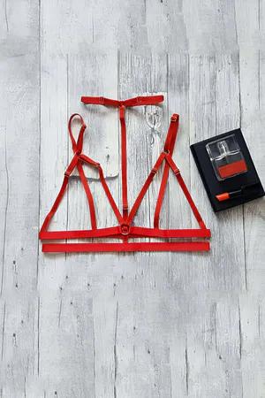 Red faux leather strappy body harness with O-ring choker