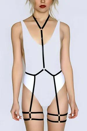Black Full Body Harness with Thigh Straps and Silver O-Rings