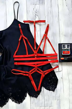 Red Strappy Body Harness Lingerie Set Adjustable Bralette and Thong with Gold Hardware