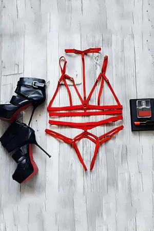 Red Strappy Body Harness Lingerie Set Adjustable Bralette and Thong with Gold Hardware