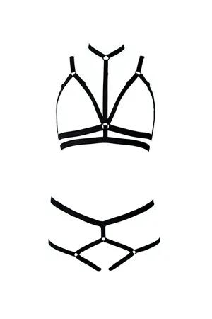 Black Elastic Strap Body Harness and Thong Set adjustable straps