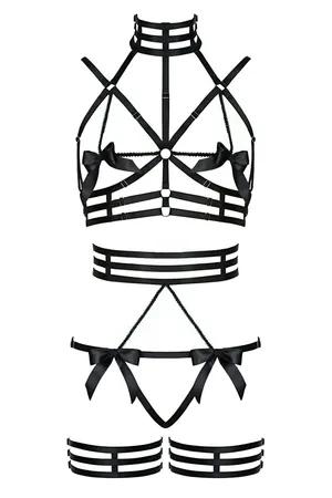 Black faux leather strappy open cup body harness with thigh straps and bows