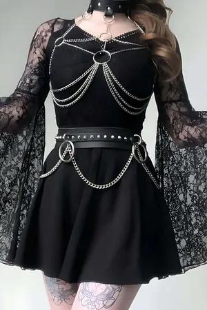 Black Faux Leather Chain Body Harness Set with Silver O-Rings & Studded Belt