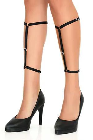 Black adjustable faux leather leg harness straps with O-rings