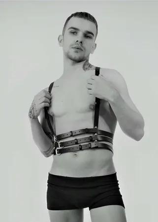 Black Faux Leather Chest Harness Front View Adjustable Straps