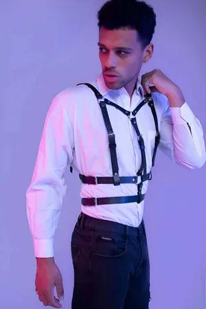 Black Faux Leather Chest Harness with Silver O-Rings worn over white shirt