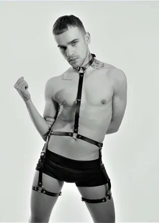 Black Faux Leather Full Body Harness with Collar and Thigh Straps on male model