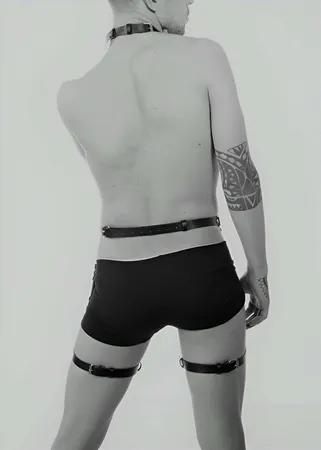 Black Faux Leather Full Body Harness with Collar and Thigh Straps on male model