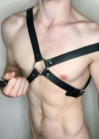 Black Faux Leather H-Back Chest Harness with O-Ring on Male Model