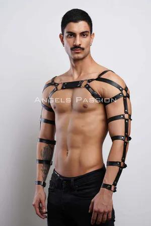 Black Faux Leather Chest Harness with Arm Straps O-Rings