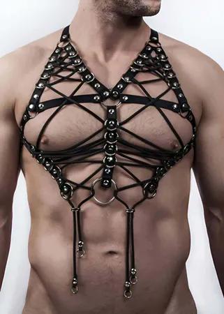 Black Faux Leather Studded Caged Chest Harness with Halter Neck and O-Rings
