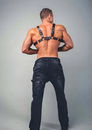 Black Faux Leather Chest Harness Women Adjustable Straps O-Ring