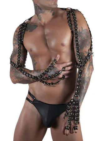 Black Studded Faux Leather Shoulder Arm Harness Male Model
