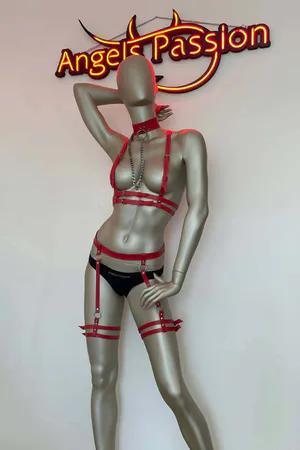 Red Vegan Leather Full Body Harness with Garter Set and Choker