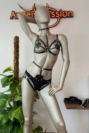 Black Faux Leather Heart Harness Set with Choker and Adjustable Straps