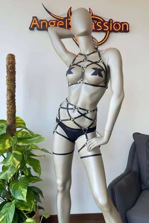 Black Faux Leather Full Body Harness Multi-Strap Caged Design Silver Hardware