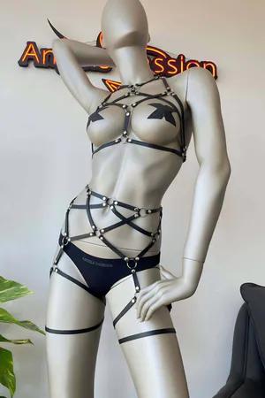 Black Faux Leather Full Body Harness Multi-Strap Caged Design Silver Hardware