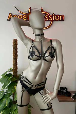 Black Vegan Leather Full Body Harness Set Heart Pasties Garters