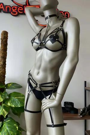 Black Vegan Leather Full Body Harness Set Heart Pasties Garters