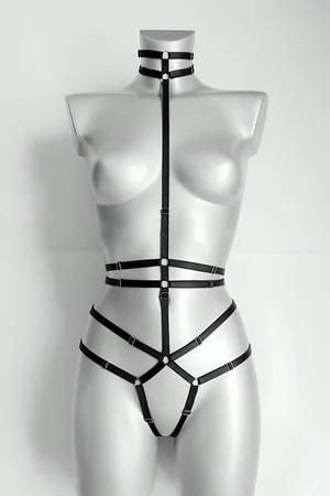Black faux leather full body harness with neck collar and adjustable straps