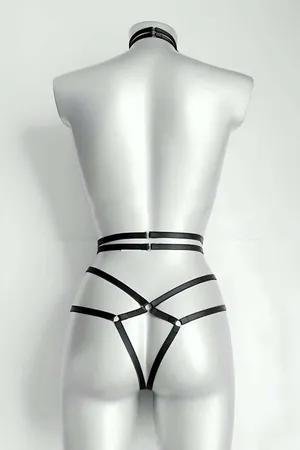 Black faux leather full body harness with neck collar and adjustable straps