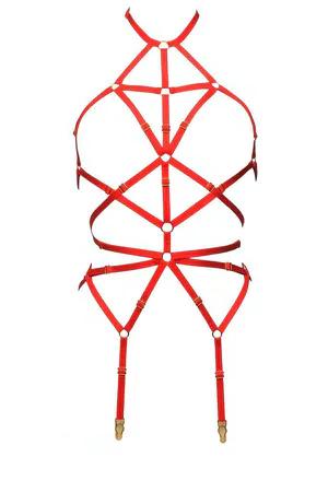 Red satin-like strappy body harness with gold O-rings and garter clips