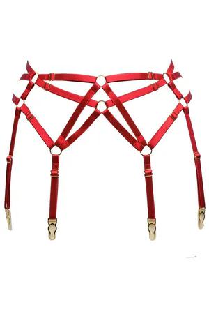 Red adjustable strappy garter harness with gold-tone hardware