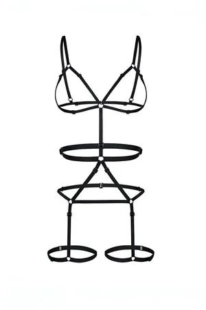 Black Faux Leather Strappy Body Harness with Adjustable Garter Straps