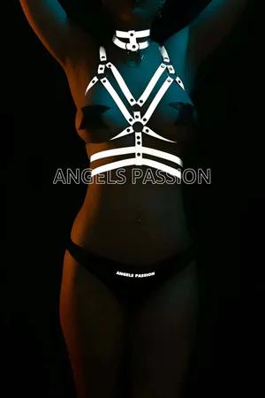Reflective Silver Chest Harness with Matching Choker Women Faux Leather Adjustable Straps