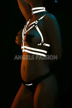 Reflective Silver Chest Harness with Matching Choker Women Faux Leather Adjustable Straps