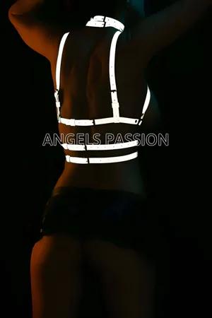 Reflective Silver Chest Harness with Matching Choker Women Faux Leather Adjustable Straps