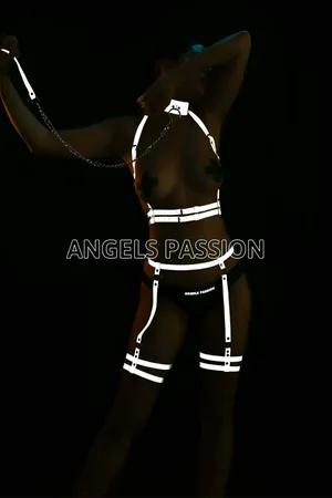 Reflective full body harness and garter set with O-ring choker and chain