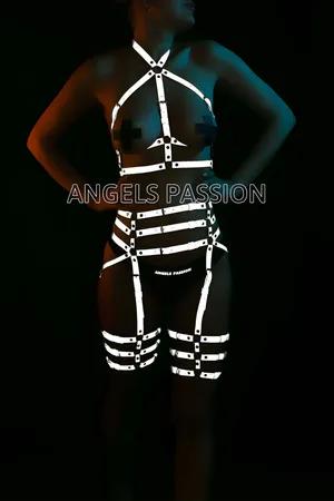 Reflective full body harness with garter straps, adjustable straps, silver hardware
