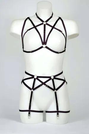 Black Pentagram Body Harness Bra and Garter Set Elastic Straps