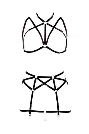 Black Pentagram Body Harness Bra and Garter Set Elastic Straps