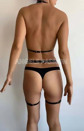 Black Faux Leather Caged Bra Harness with Adjustable Garter Set