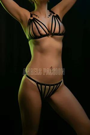 Black Faux Leather Caged Harness Bra and Thong Set for Women