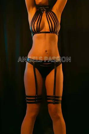 Black Caged Harness Bra & Garter Set with O-Ring Choker and Thigh Straps