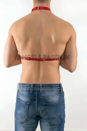 Red Faux Leather Chest Harness Men Adjustable Straps Silver Chain Draping