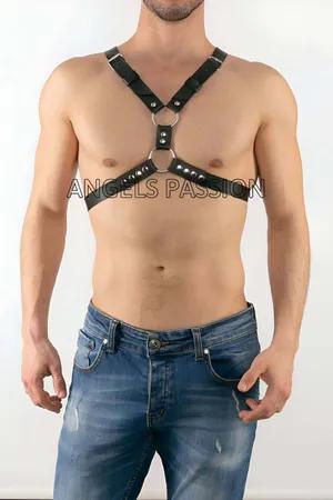 Black faux leather chest harness with O-rings and adjustable straps