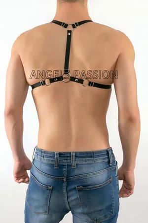 Black vegan leather laced cage body harness with silver O-rings and adjustable straps