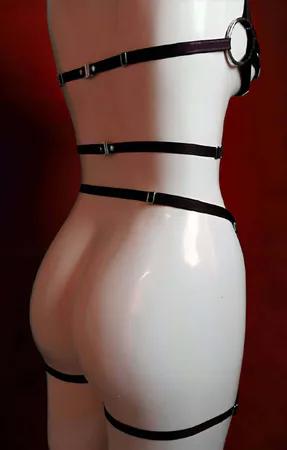 Black Faux Leather Full Body Harness with O-Ring Accents