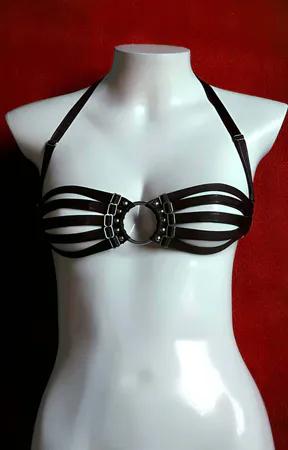 Black faux leather strappy O-ring chest harness bra with adjustable straps