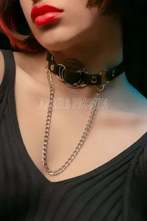 Black Faux Leather Choker Necklace with Silver O-Ring and Chain