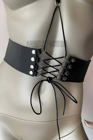 Black vegan leather lace-up corset body harness with adjustable chest strap